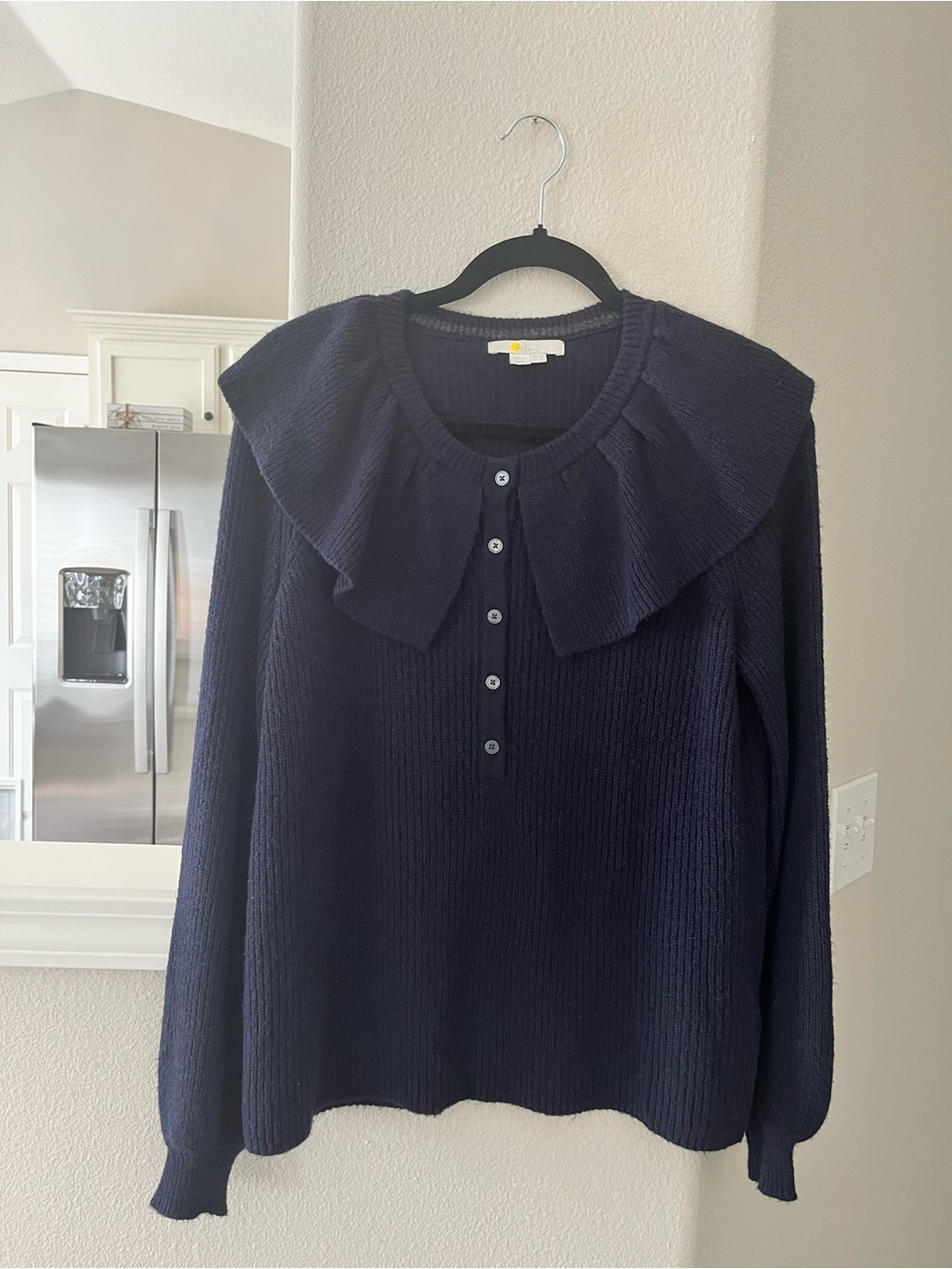 Boden Navy Ruffle-Collar Button Henley Sweater
